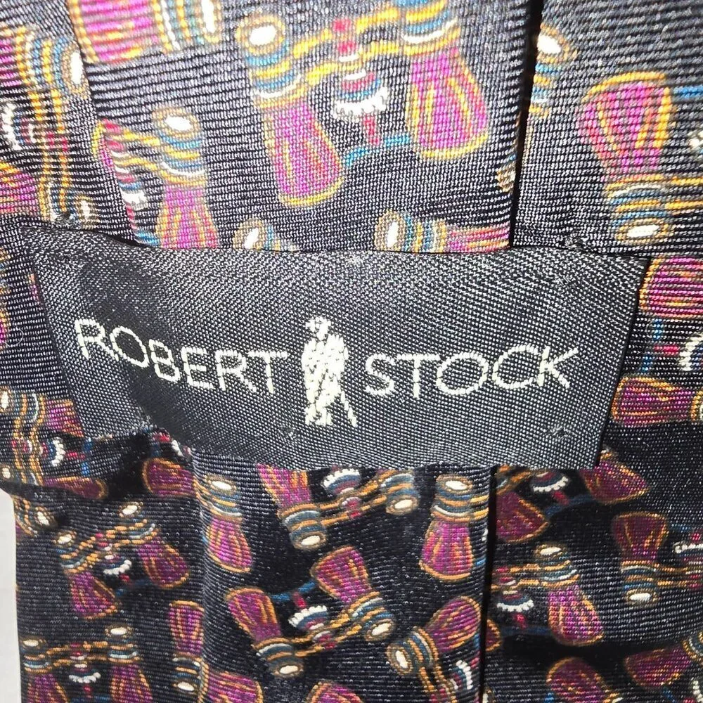 ROBERT STOCK 100% SILK TIE BLACK WITH BINOCULARS TRADITIONAL